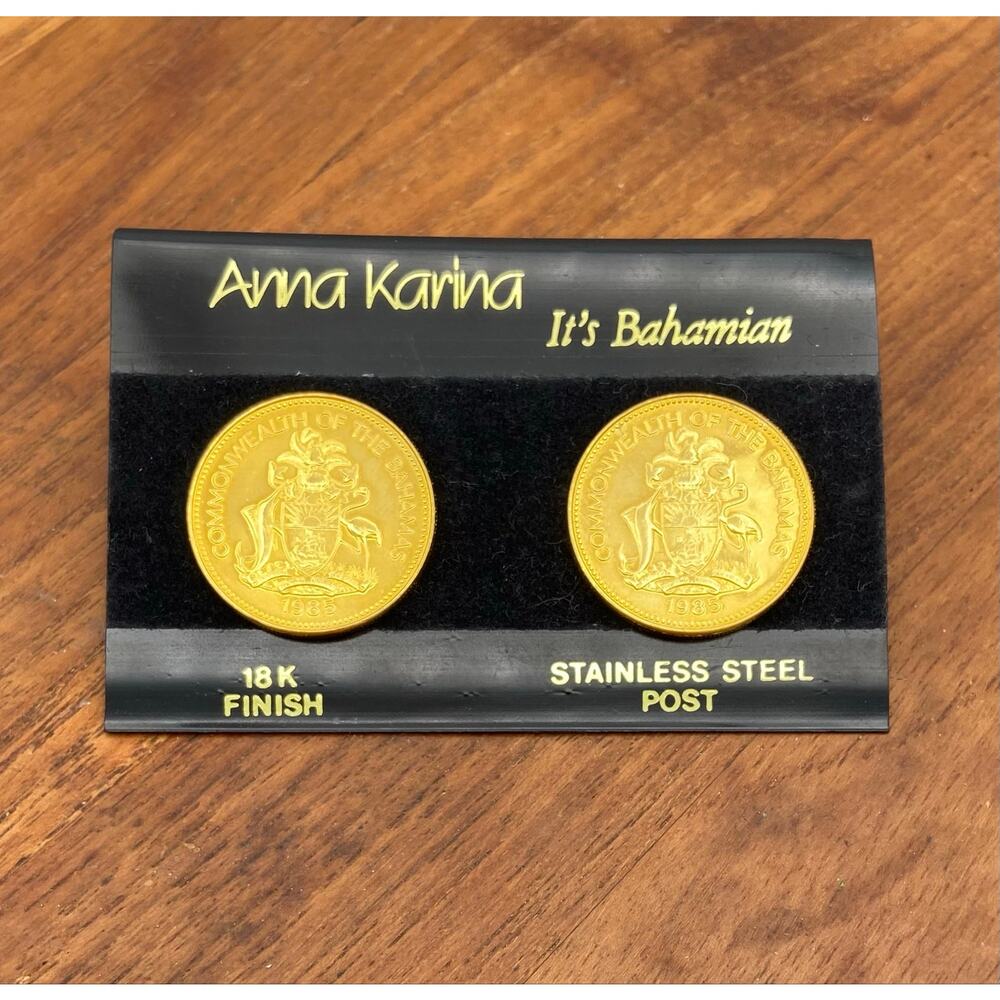 Vintage Anna Karina Coin Earrings 18K Gold Plated "It's Bahamian" New on Card